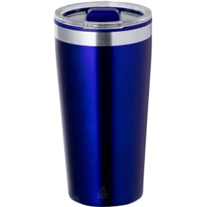 A drink bottle in a vibrant blue colour with a silver band and a clear, fitted lid. Features a logo on the front.