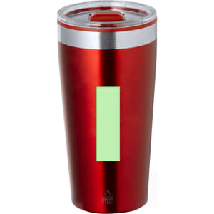 A red insulated travel mug with a clear lid and a silver band features a logo.
