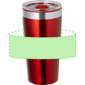 A red insulated travel mug with a silver band at the top and a transparent lid. It features a logo.