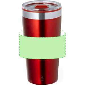 A red insulated travel mug with a silver band and a clear lid, featuring a logo. Suitable for hot and cold beverages.