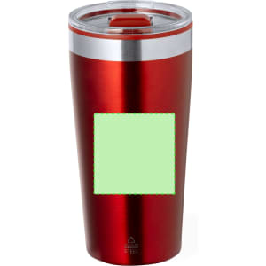 A red insulated cup with a silver band and a clear lid. Features a blank area for personalisation.