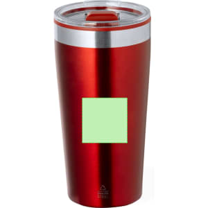 A drink bottle in a vibrant red colour with a silver band and a transparent lid, featuring a logo.
