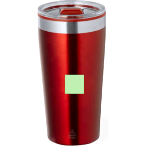A drink bottle featuring a shiny red exterior, stainless steel accents, and a transparent lid. It has a logo on the side.