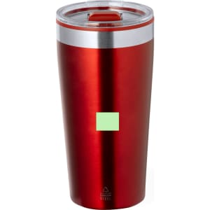 A drink bottle with a sleek red exterior and a silver lid, featuring a transparent top and a logo.
