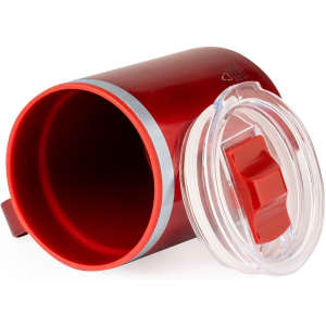 A red insulated mug with a transparent lid featuring a sliding opening and a logo.