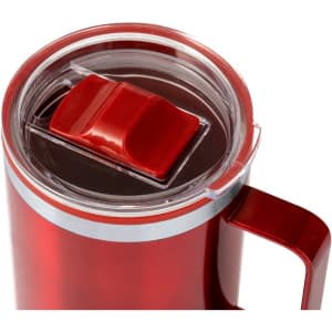 A red insulated travel mug featuring a clear lid and a sliding closure for drinking. It has a sturdy handle and a sleek design.