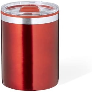 A red insulated travel mug with a clear lid and a silver band. It also features a logo.