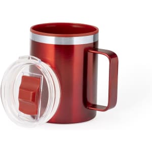 A red insulated travel mug with a clear lid and a handle, featuring a metallic finish and a silver band.