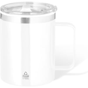 A stainless steel insulated mug in white with a clear lid and a handle. It features a logo.