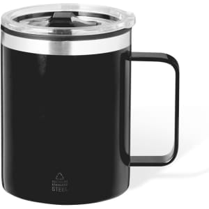 A black insulated mug with a stainless steel band and a clear lid, featuring a handle for easy carrying.