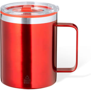 A red insulated mug with a silver rim and a transparent lid, featuring a sturdy handle.