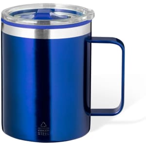 A blue insulated mug made of stainless steel, featuring a transparent lid and a handle, with a logo on the side.