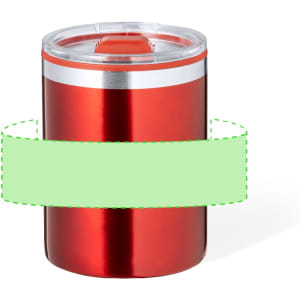 A travel mug in shiny red with a clear plastic lid and a metal band, featuring a logo.