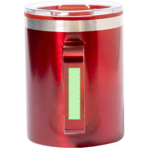 A red insulated travel mug with a silver band and a handle, featuring a logo.