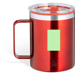A red insulated mug with a clear lid and a handle. It features a logo on one side.