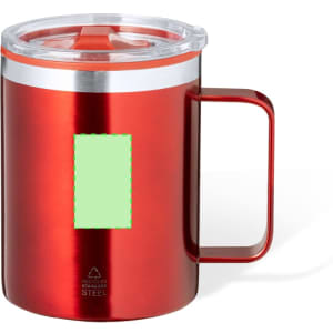 A red insulated mug with a stainless steel base, clear lid, and a handle. It features a logo on the side.