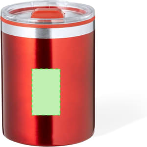 A red insulated travel mug with a clear lid and silver accents, featuring a logo area.
