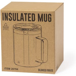An insulated mug in a blanco/white colour, packaged in a brown cardboard box with a logo.