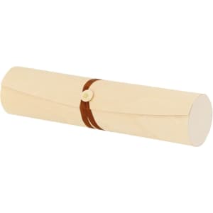 A cylindrical, cream-coloured packaging with a brown band and button closure, designed for holding pens.