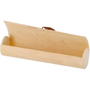 A wooden gift box with a natural finish, featuring a curved design and a strap for closure.