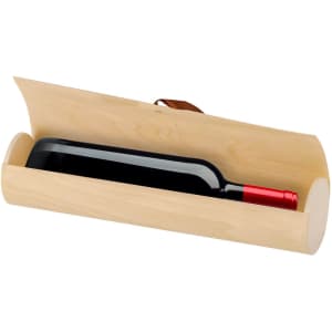 A light wooden gift box containing a wine bottle with a red cap. The box features a decorative handle.