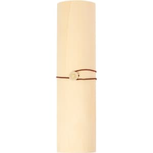 A cylindrical packaging in a beige colour, secured with a brown cord and featuring a decorative button.