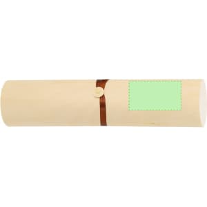 A cylindrical wooden gift box with a brown strap and button closure, designed for pen packaging.