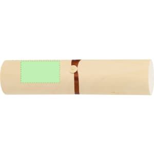 A cylindrical gift box in light wood with a brown ribbon and button closure. It features a green label area.