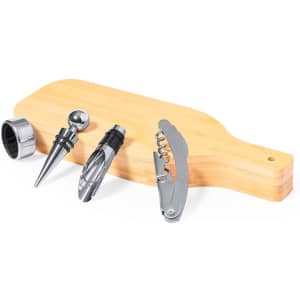 A wooden serving board with a silver corkscrew, wine pourer, bottle stopper, and wine ring.