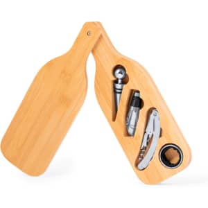 A bamboo wine set featuring a corkscrew, pourer, sealing device, and bottle opener in a paddle-shaped holder.