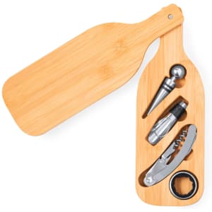 A bamboo wine set featuring a corkscrew, pourer, stopper, and foil cutter, housed in a bottle-shaped case.