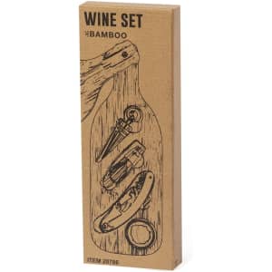 A wine set packaged in a rectangular kraft box, featuring bamboo and various wine accessories.