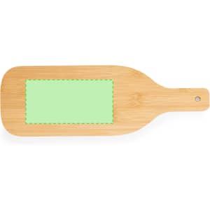 A wooden wine paddle in light brown with a green rectangular area and a handle, featuring a logo.