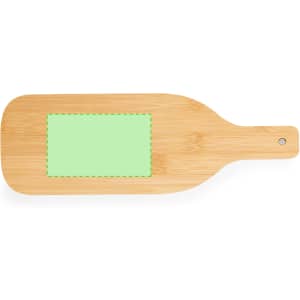 A bamboo paddle-shaped serving board with a blank green area for customisation. It features a smooth finish and rounded edges.