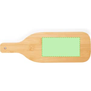 A bamboo paddle-shaped serving board with a green border and a handle, featuring a blank area for customisation.