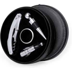 A wine accessory set in a black circular case, featuring a corkscrew, pourer, wine stopper, and foil cutter.