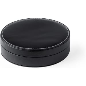 A black circular case with a smooth surface and contrasting stitching, suitable for storing wine accessories.