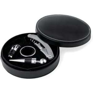 A wine set in a black round case, featuring a corkscrew, pour spout, wine stopper, and collar.