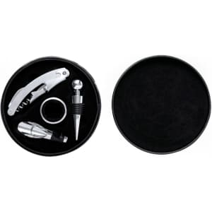A wine set featuring a corkscrew, bottle stopper, and pourer, all presented in a black round case.