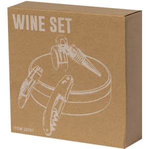 A wine set in a cardboard box featuring a corkscrew, pourer, and stopper. The box has a simple design and a logo.