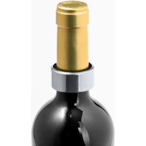 A drink bottle with a black body and a gold cap, featuring a silver Otto Drip Stop Ring around the neck.