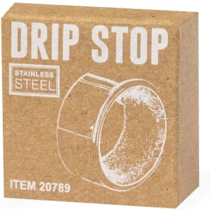 A stainless steel drip stop ring in a brown cardboard box, featuring a logo and product information on the packaging.