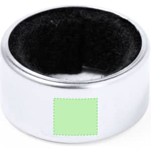 A metallic silver drink ring with a black felt lining, designed to prevent spills. Features a logo on the surface.
