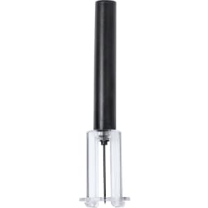 A black corkscrew with a transparent base, designed for opening bottles. Includes a logo on the handle.