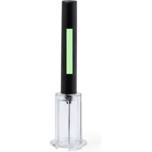 A black corkscrew with a clear base, featuring a green accent on the handle. It has a logo on the side.