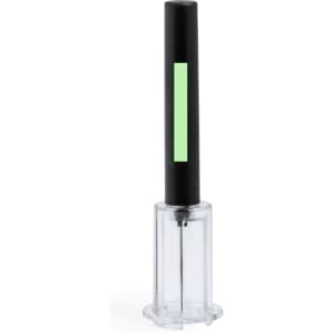 A corkscrew with a black handle and a clear plastic base, featuring a simple logo on the handle.