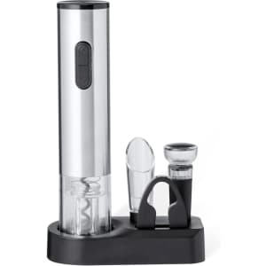 A wine set featuring a silver electric corkscrew, pourer, and foil cutter, all on a black base.