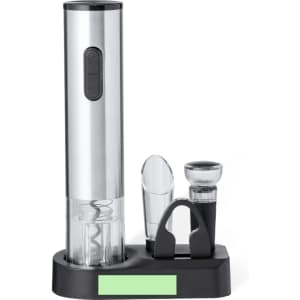 A sleek silver wine opener set featuring a corkscrew, aerator, and pourer, organised on a black stand.