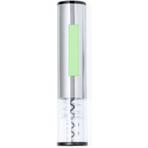 A sleek silver wine corkscrew with a transparent base. Features a logo area in the centre.