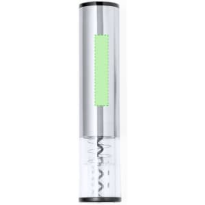 A wine bottle opener featuring a sleek silver design with a transparent base and a logo.